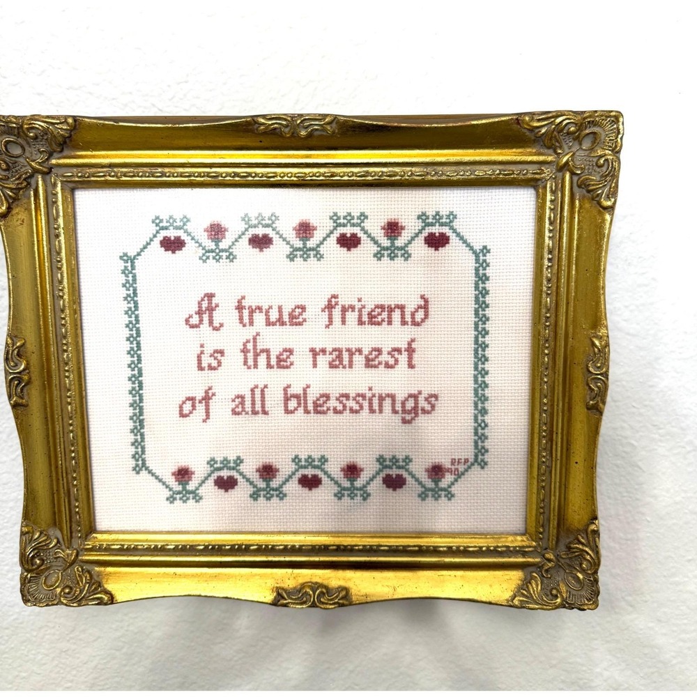 Vintage 1990 Framed Cross Stitch A True Friend Is Rarest Of All Blessings Art